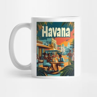 Experience the charm of Havana as friends gather at a lively cafe, enjoying drinks and conversations beneath a beautiful sunset, surrounded Mug